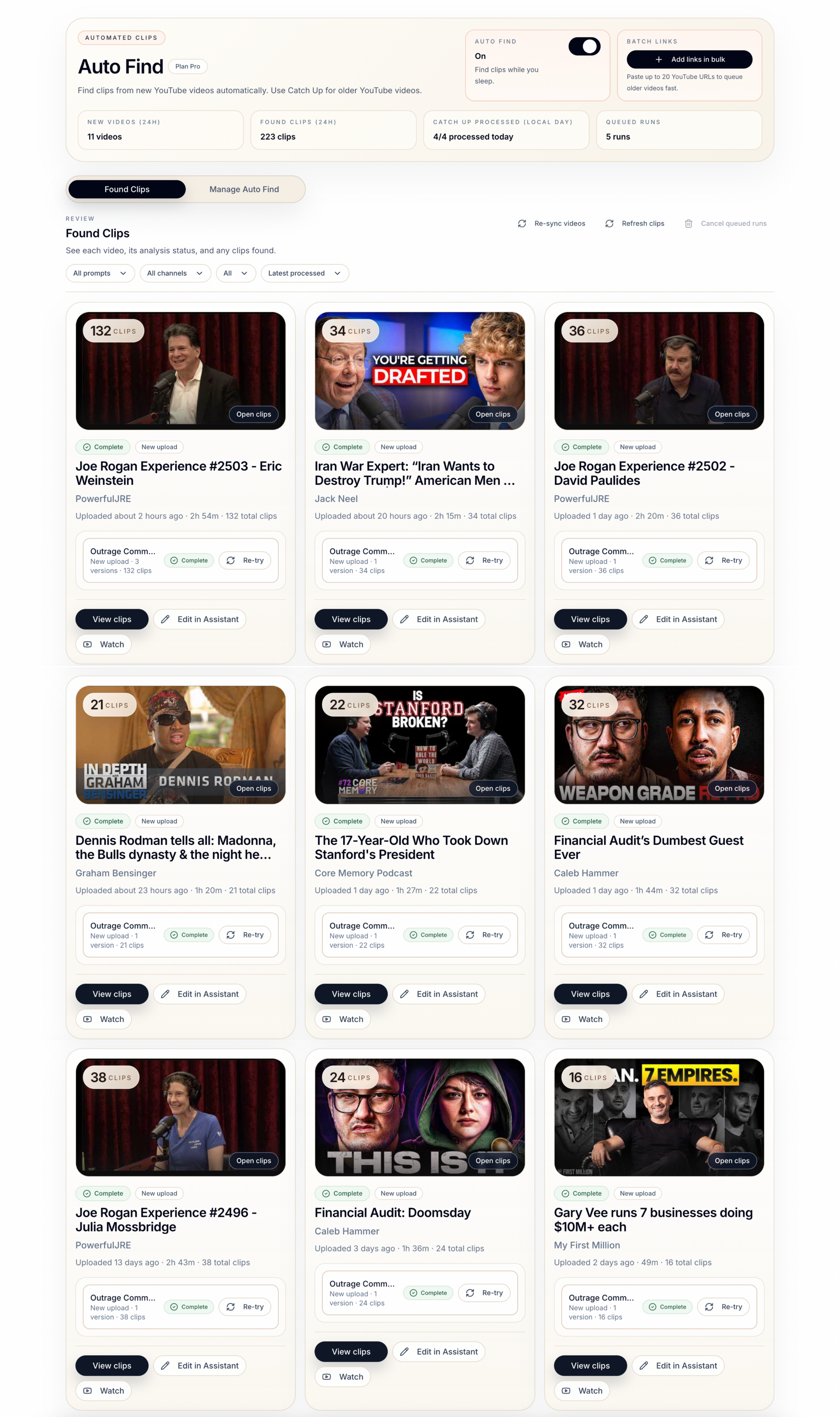Auto Find page showing a found clips queue for newly processed YouTube videos.