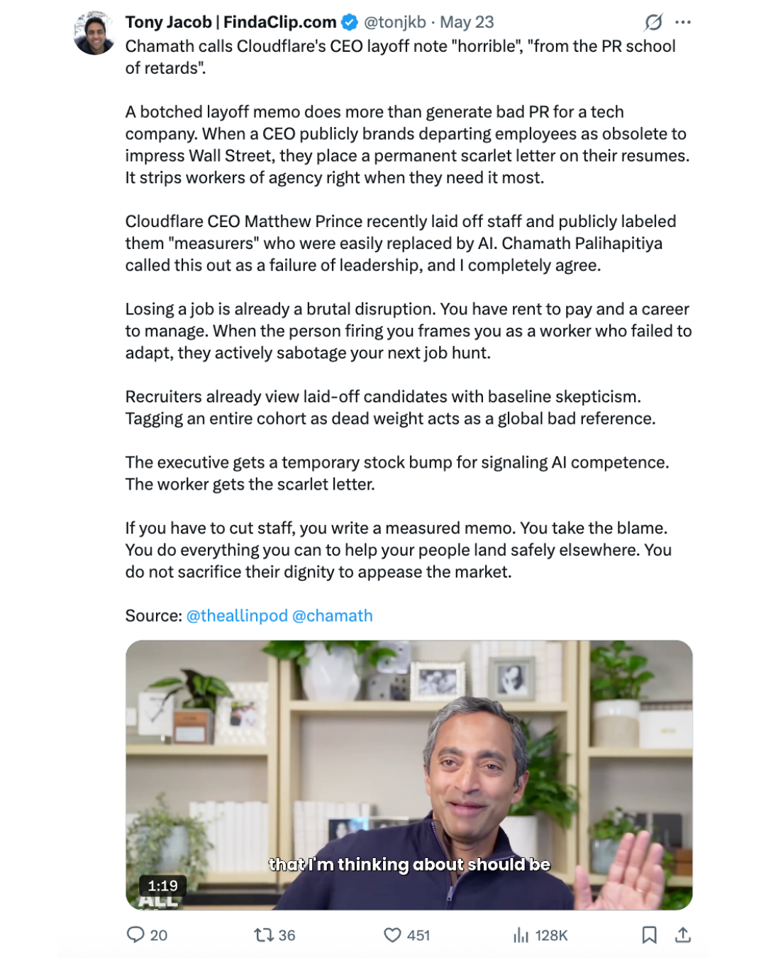 X post screenshot featuring the Cloudflare layoff clip post.