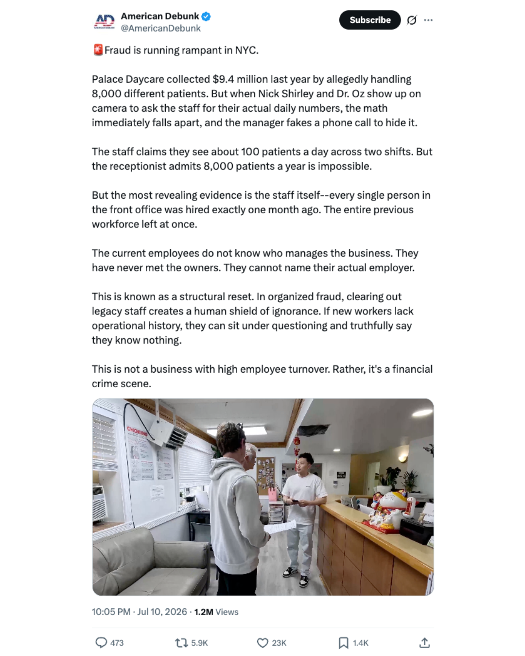 X post screenshot from American Debunk about alleged fraud at a New York daycare.