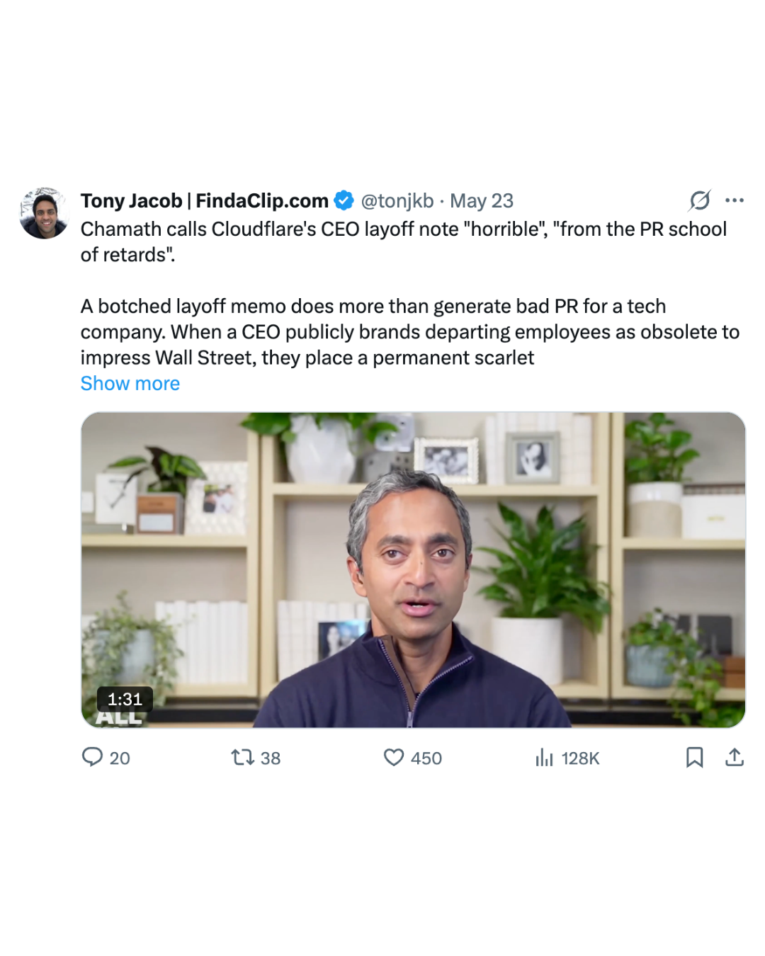 X post screenshot featuring the Cloudflare layoff clip post.