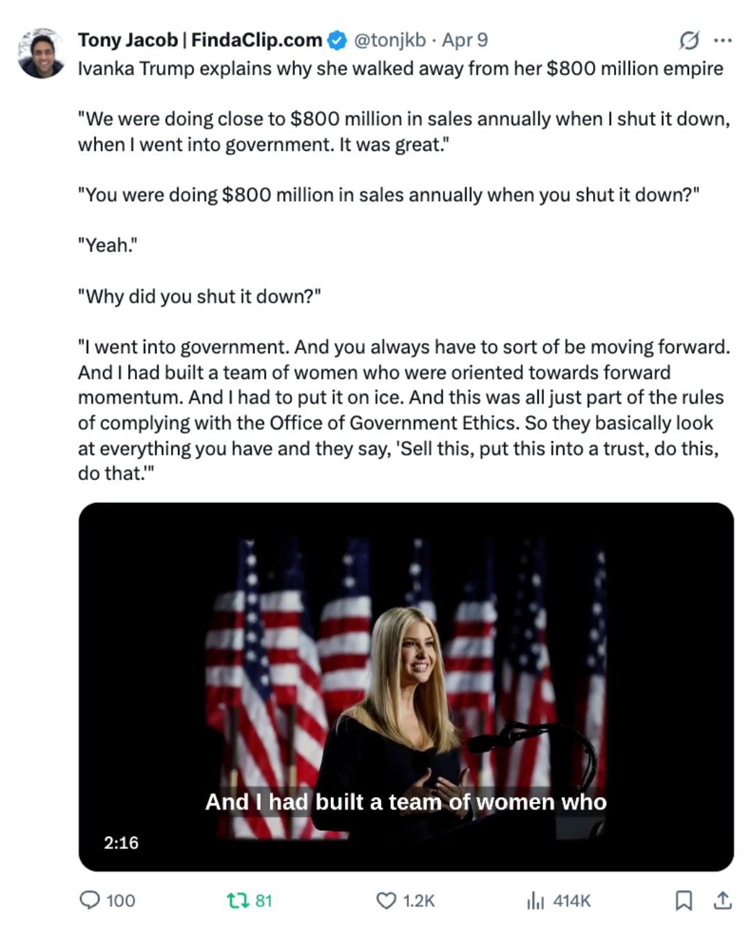 X post screenshot featuring the Ivanka Trump business clip post.
