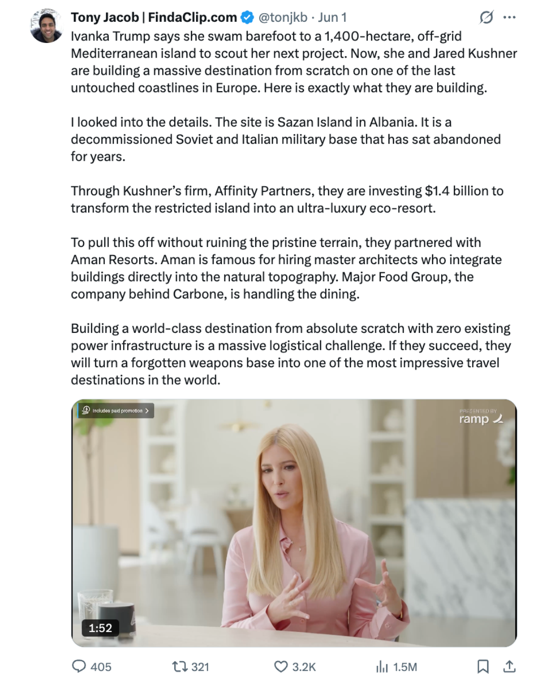 X post screenshot featuring the Ivanka Trump island resort post.