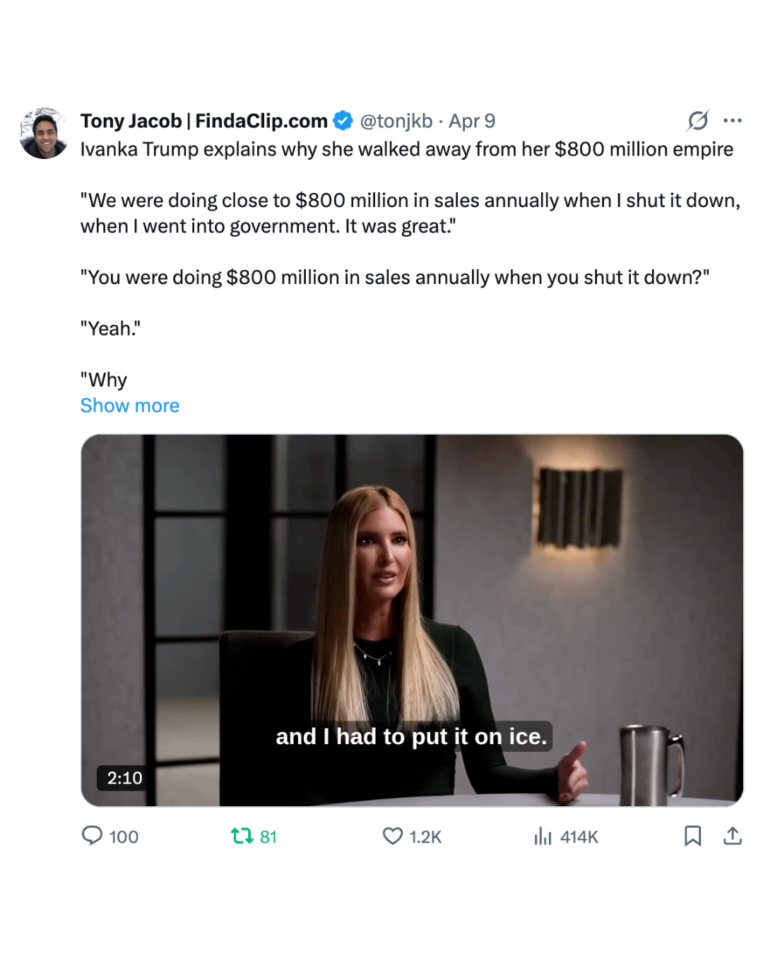 X post screenshot featuring the Ivanka Trump clip post.