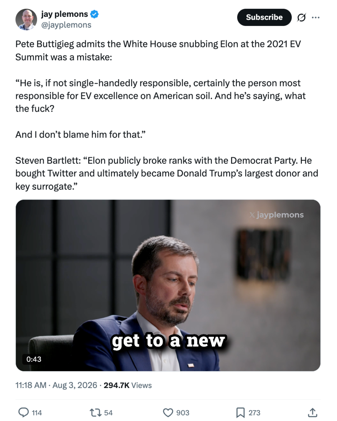 X post screenshot featuring Pete Buttigieg discussing the 2021 EV Summit.