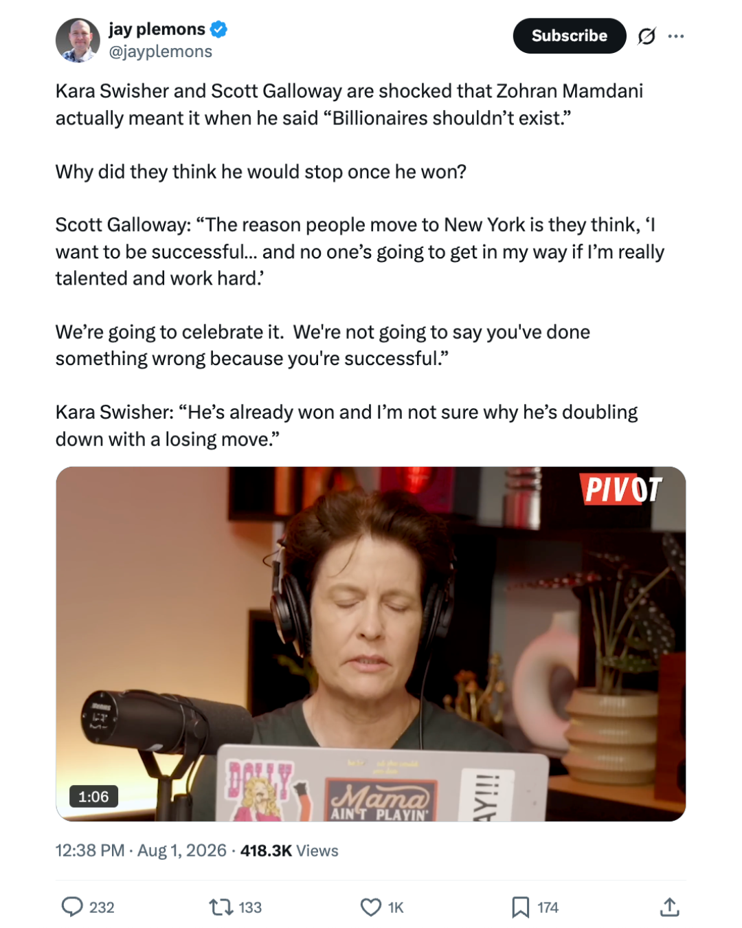 X post screenshot featuring Kara Swisher and Scott Galloway discussing Zohran Mamdani.
