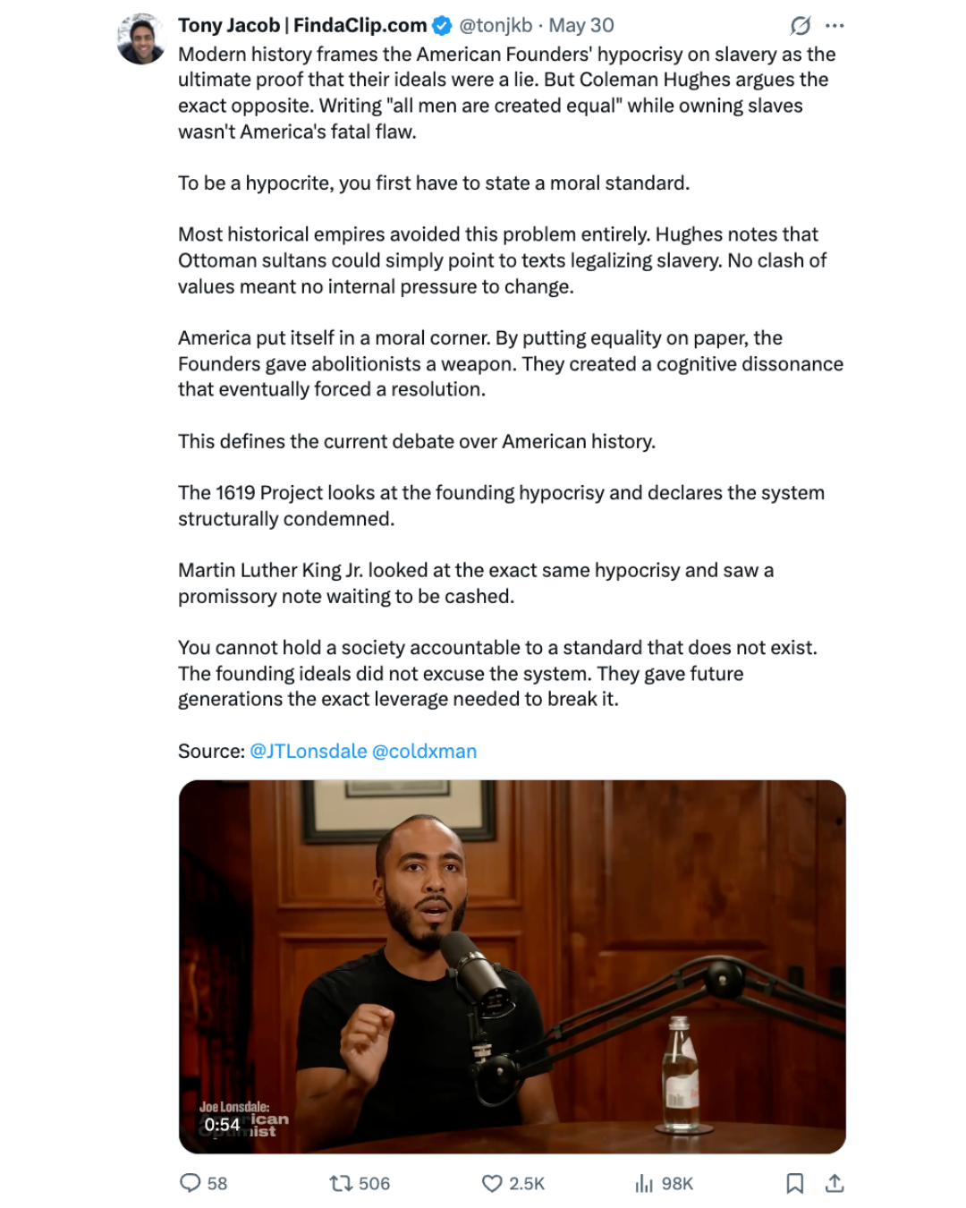 X post screenshot featuring the Joe Lonsdale Founders hypocrisy post.
