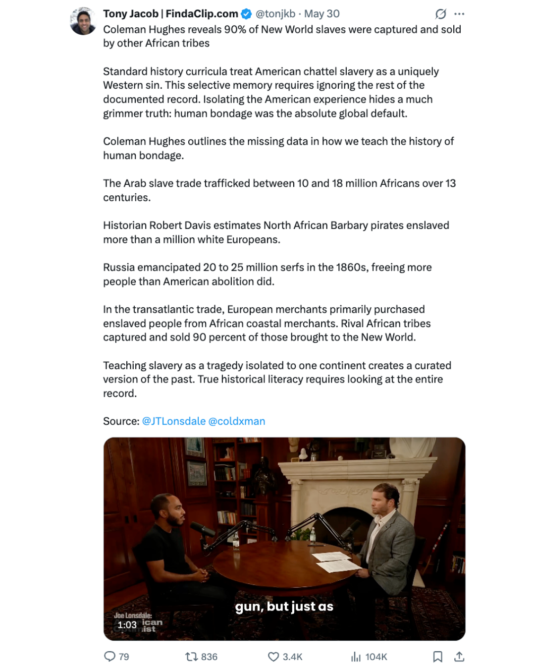 X post screenshot featuring the Joe Lonsdale slavery history post.