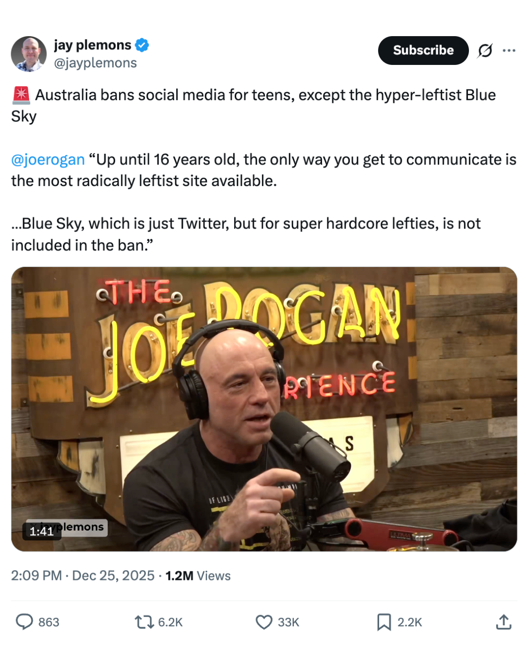 X post screenshot featuring the Joe Rogan Australia post.