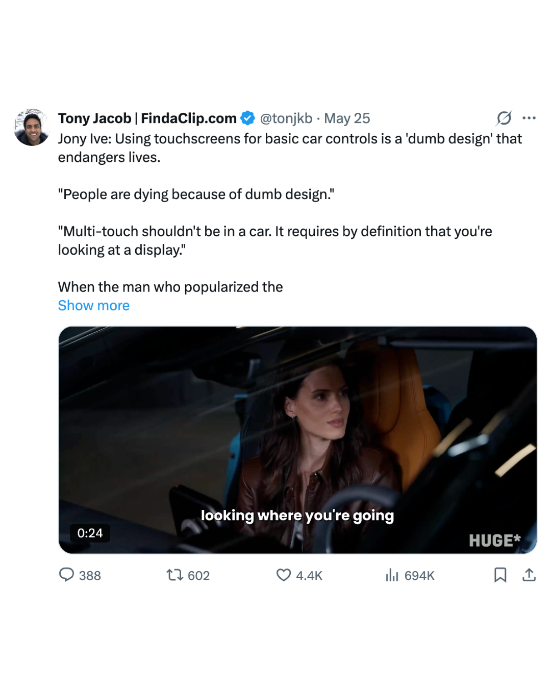 X post screenshot featuring the Jony Ive car controls clip post.