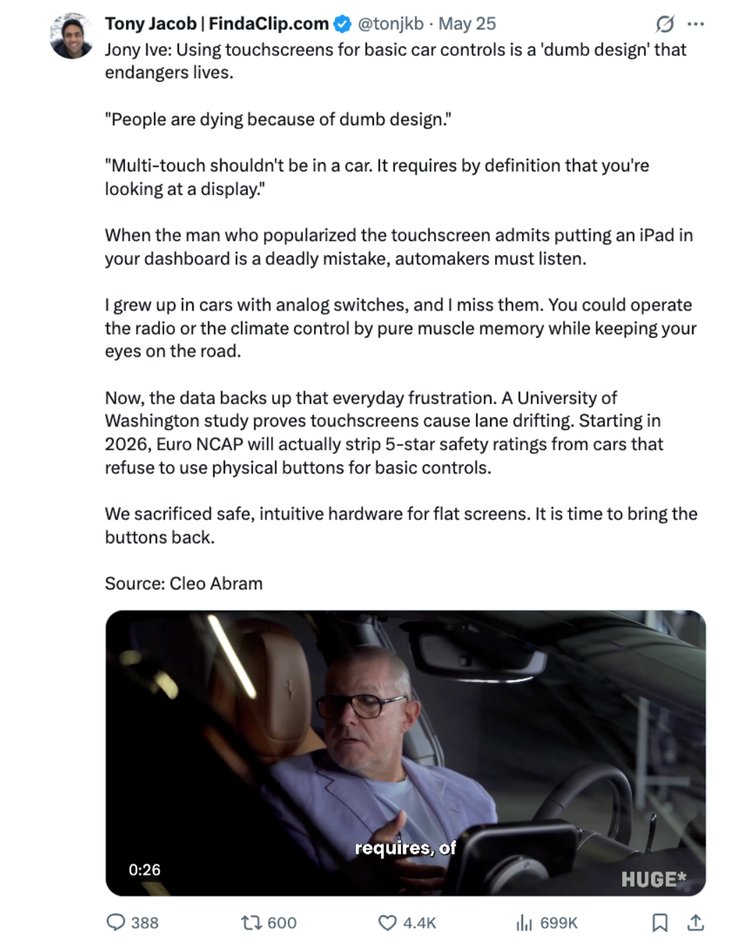 X post screenshot featuring the Jony Ive car controls clip post.