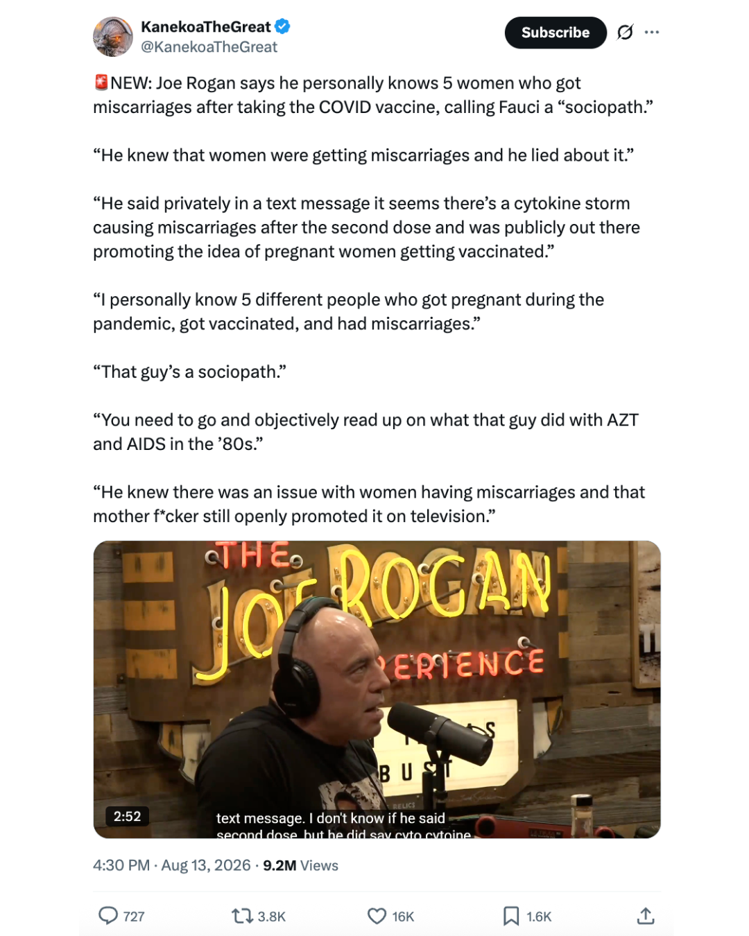 X post screenshot from KanekoaTheGreat about Joe Rogan and COVID vaccine claims.