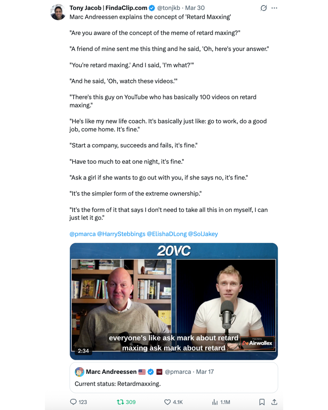 X post screenshot featuring the Marc Andreessen clip post with 1.1M views.