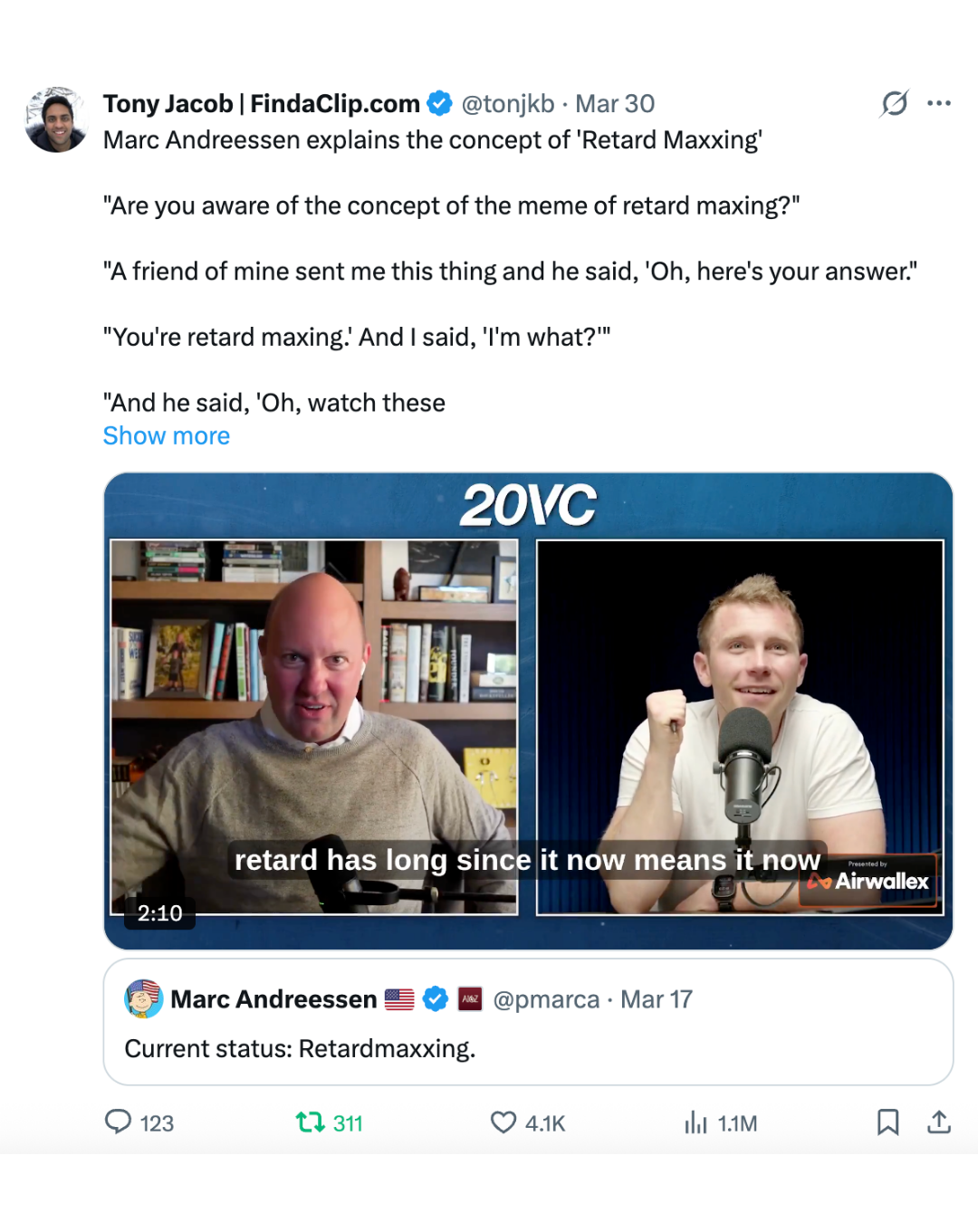 X post screenshot featuring the Marc Andreessen clip post with 1.1M views.