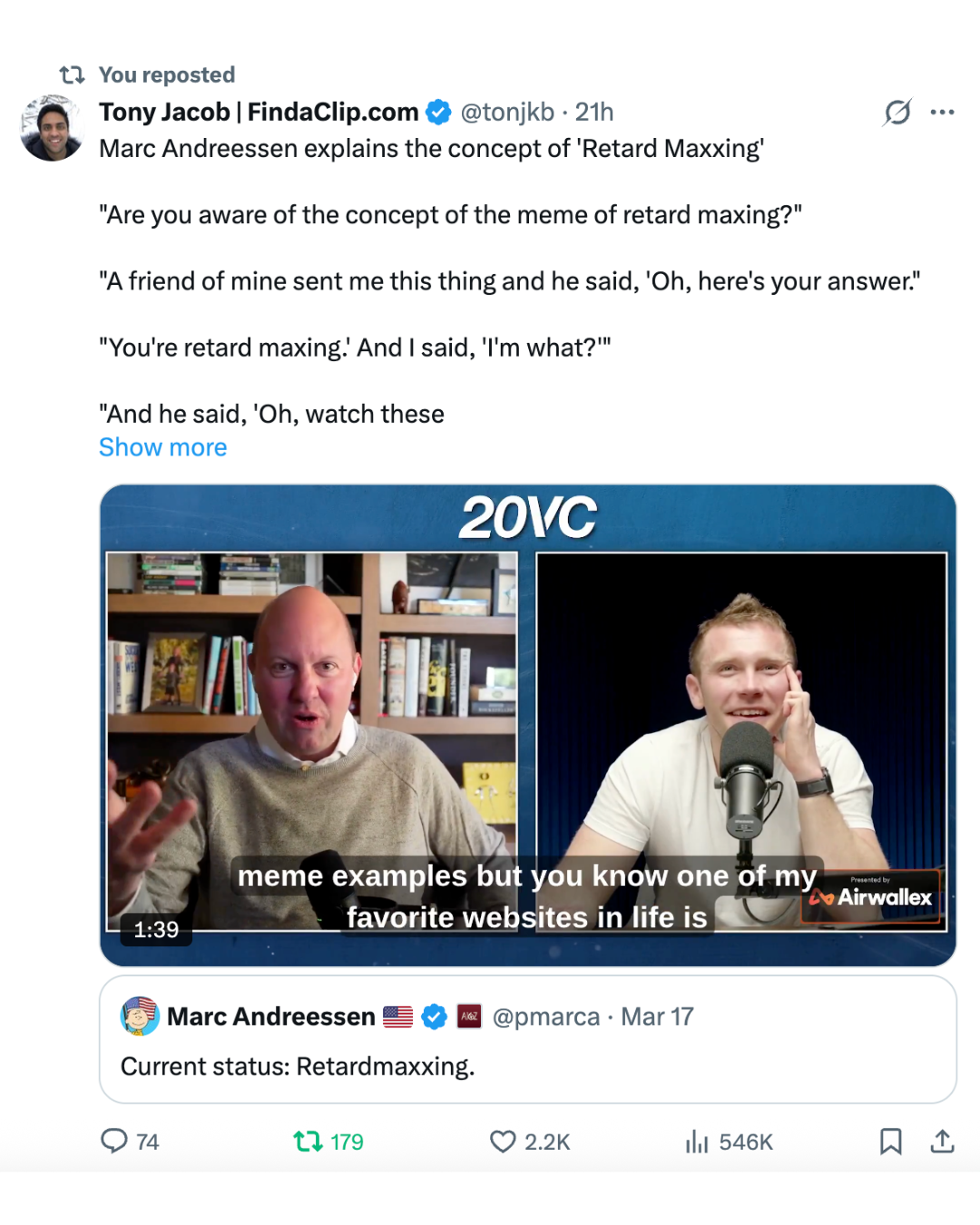 X post screenshot featuring the Marc Andreessen clip post.