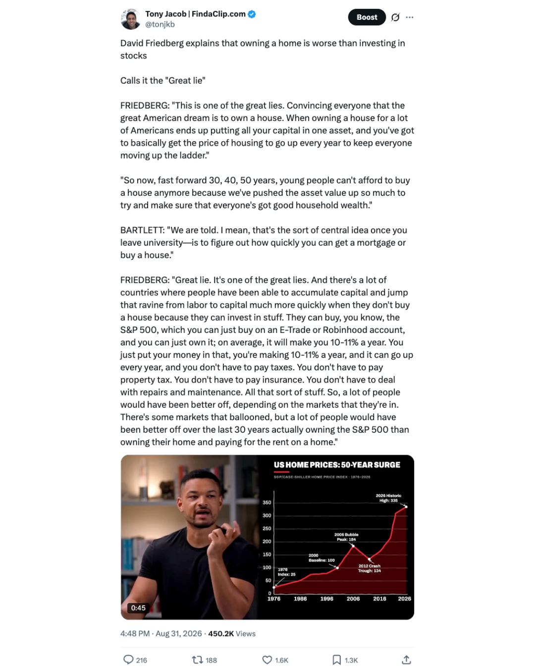 X post screenshot featuring David Friedberg discussing home ownership and stocks.