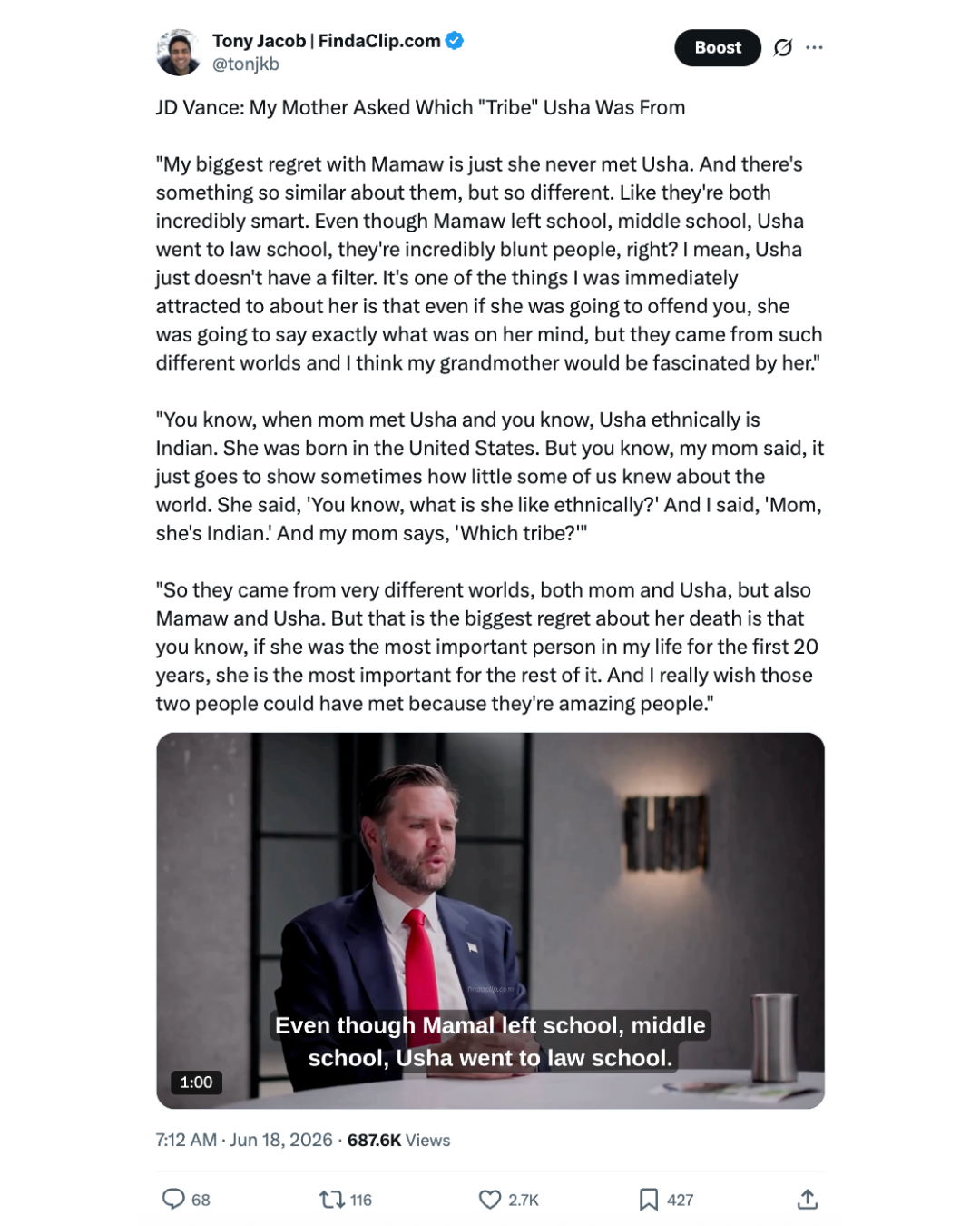 X post screenshot featuring JD Vance discussing his mother and Usha.