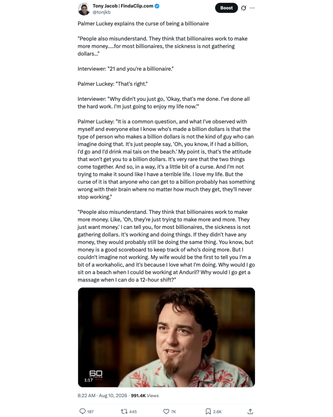 X post screenshot featuring Palmer Luckey discussing the curse of being a billionaire.