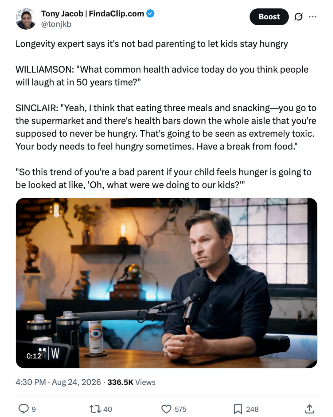 X post screenshot featuring a longevity expert discussing hunger and parenting.